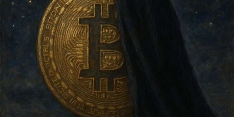 Una moneda de bitcoin tapada a la mitad por un velo oscuro en una noche estrellada.