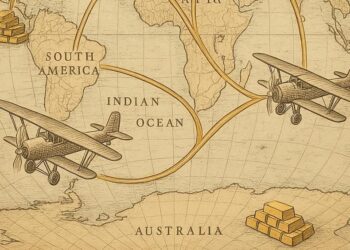 Un mapa inspirado en la cartografía antigua que muestra dos aviones transportando oro alrededor del globo.