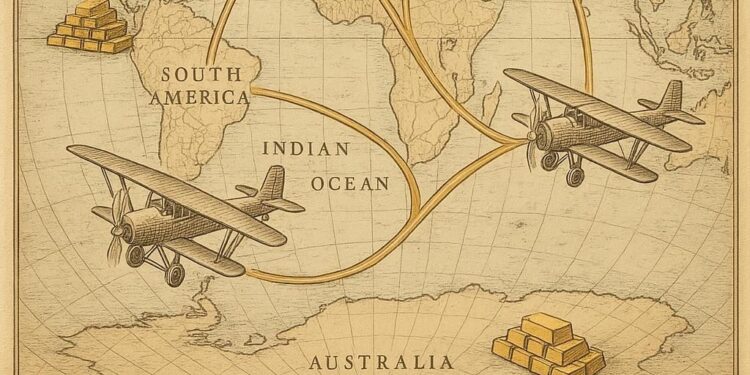Un mapa inspirado en la cartografía antigua que muestra dos aviones transportando oro alrededor del globo.