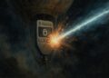 Un rayo espacial atacando a una wallet Trezor. El rayo es azul y la wallet, negra.