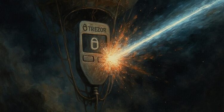 Un rayo espacial atacando a una wallet Trezor. El rayo es azul y la wallet, negra.