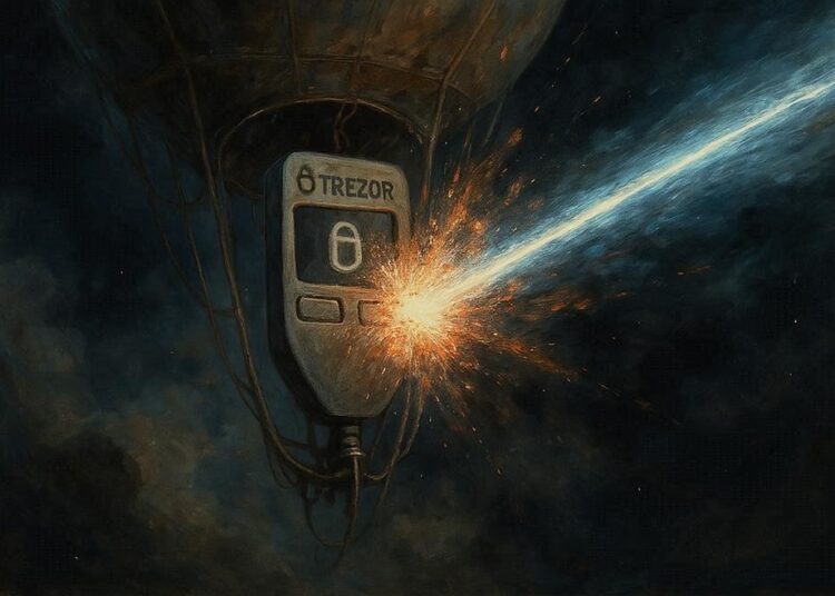 Un rayo espacial atacando a una wallet Trezor. El rayo es azul y la wallet, negra.