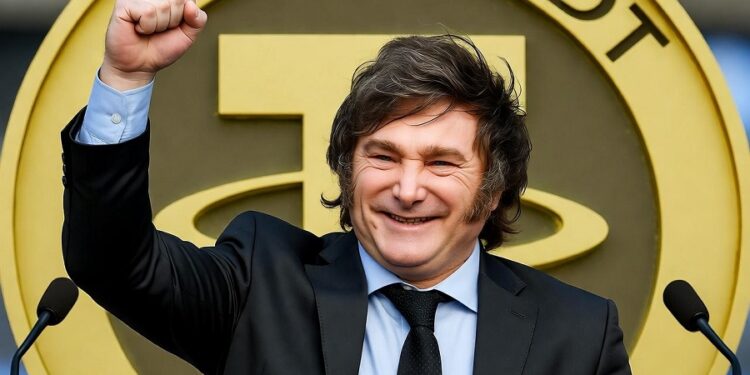 Imagen realista del presidente argentino Javier Milei en pose triunfante, levantando el puño con una sonrisa victoriosa, frente a un fondo con una gran moneda dorada de USDT (Tether), evocando temas de economía y criptomonedas.