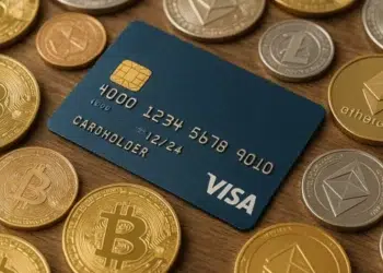 Tarjeta física Visa sobre varias monedas doradas.