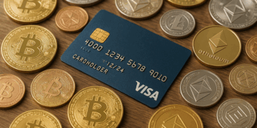 Una tarjeta de crédito Visa azul sobre una mesa de madera, rodeada de varias criptomonedas físicas en forma de monedas doradas, plateadas y cobrizas, entre ellas bitcoin, ethereum y litecoin.