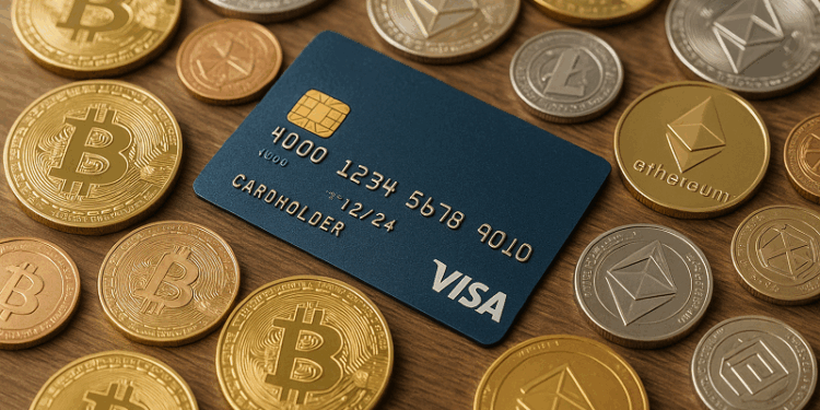 Una tarjeta de crédito Visa azul sobre una mesa de madera, rodeada de varias criptomonedas físicas en forma de monedas doradas, plateadas y cobrizas, entre ellas bitcoin, ethereum y litecoin.