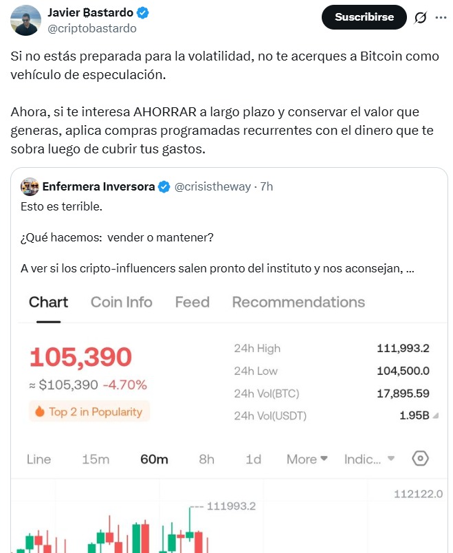Javier Bastardo's tweet about bitcoin volatility.
