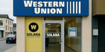 Vista frontal realista y horizontal de una sucursal de Western Union en una calle urbana. El letrero principal muestra "Western Union" en azul con letras blancas. En la ventana izquierda aparece el logo de Solana integrado con el de Western Union, incluyendo el texto "W SOLANA THE NAIOR NORIBE".