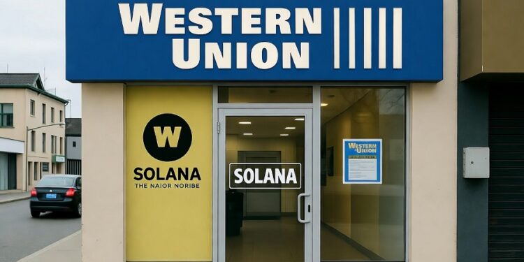 Vista frontal realista y horizontal de una sucursal de Western Union en una calle urbana. El letrero principal muestra "Western Union" en azul con letras blancas. En la ventana izquierda aparece el logo de Solana integrado con el de Western Union, incluyendo el texto "W SOLANA THE NAIOR NORIBE".