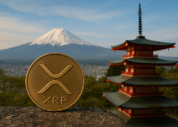 Imagen realista horizontal que muestra una moneda dorada de XRP en primer plano, colocada sobre una superficie de piedra. Al fondo se observa un paisaje típico de Japón, con un templo pagoda rojo y verde y el monte Fuji cubierto de nieve bajo un cielo despejado. La imagen combina elementos tradicionales japoneses con el mundo de las criptomonedas, transmitiendo una sensación de modernidad y conexión global.