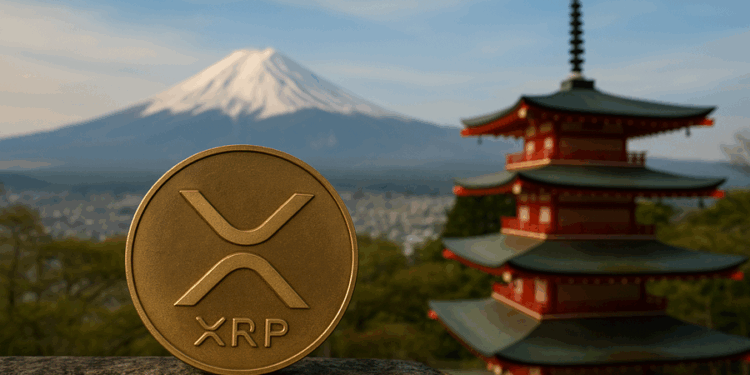 Imagen realista horizontal que muestra una moneda dorada de XRP en primer plano, colocada sobre una superficie de piedra. Al fondo se observa un paisaje típico de Japón, con un templo pagoda rojo y verde y el monte Fuji cubierto de nieve bajo un cielo despejado. La imagen combina elementos tradicionales japoneses con el mundo de las criptomonedas, transmitiendo una sensación de modernidad y conexión global.