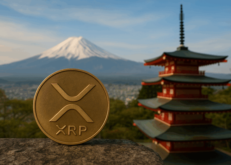 Imagen realista horizontal que muestra una moneda dorada de XRP en primer plano, colocada sobre una superficie de piedra. Al fondo se observa un paisaje típico de Japón, con un templo pagoda rojo y verde y el monte Fuji cubierto de nieve bajo un cielo despejado. La imagen combina elementos tradicionales japoneses con el mundo de las criptomonedas, transmitiendo una sensación de modernidad y conexión global.