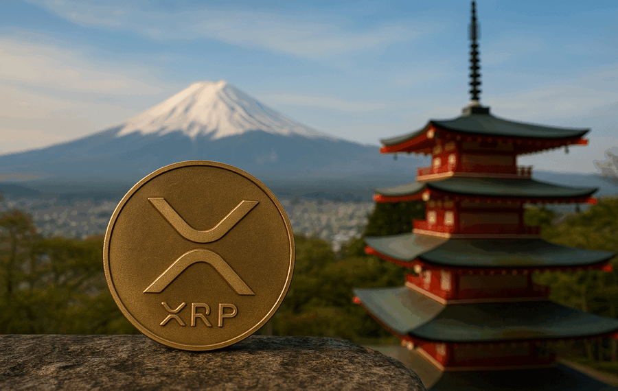 Imagen realista horizontal que muestra una moneda dorada de XRP en primer plano, colocada sobre una superficie de piedra. Al fondo se observa un paisaje típico de Japón, con un templo pagoda rojo y verde y el monte Fuji cubierto de nieve bajo un cielo despejado. La imagen combina elementos tradicionales japoneses con el mundo de las criptomonedas, transmitiendo una sensación de modernidad y conexión global.