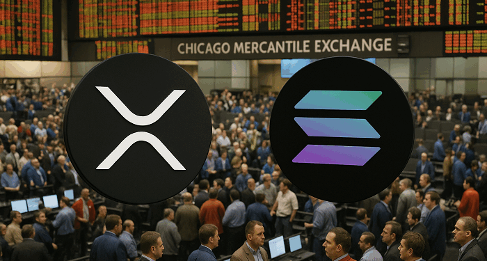 Logos de las criptomonedas XRP y solana en una vista panorámica del CME.