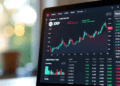 Imagen horizontal realista de una laptop mostrando un gráfico de precios de XRP en tiempo real, con velas japonesas en rojo y verde sobre fondo oscuro.