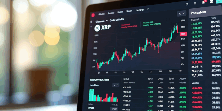 Imagen horizontal realista de una laptop mostrando un gráfico de precios de XRP en tiempo real, con velas japonesas en rojo y verde sobre fondo oscuro.