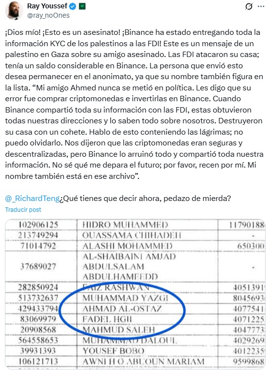 Comentario de Ray Youssef en plataforma X denunciando al exchange Binance.