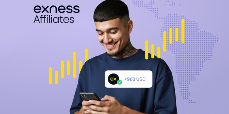 Persona con móvil, fondo violeta, gráfico amarillo y mapa. Se muestra ganancia en USD y logo Exness, destacando éxito afiliado financiero.