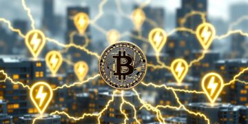 Una moneda de Bitcoin en el centro de la ciudad, con rayos amarillos.