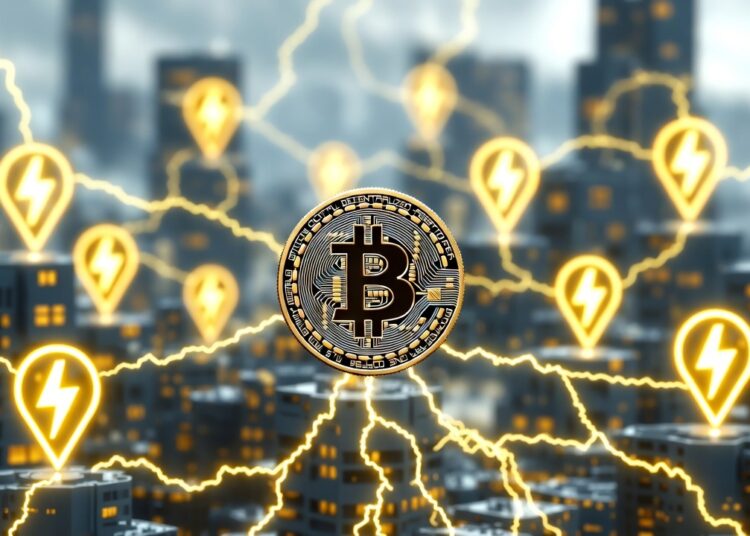 Una moneda de Bitcoin en el centro de la ciudad, con rayos amarillos.