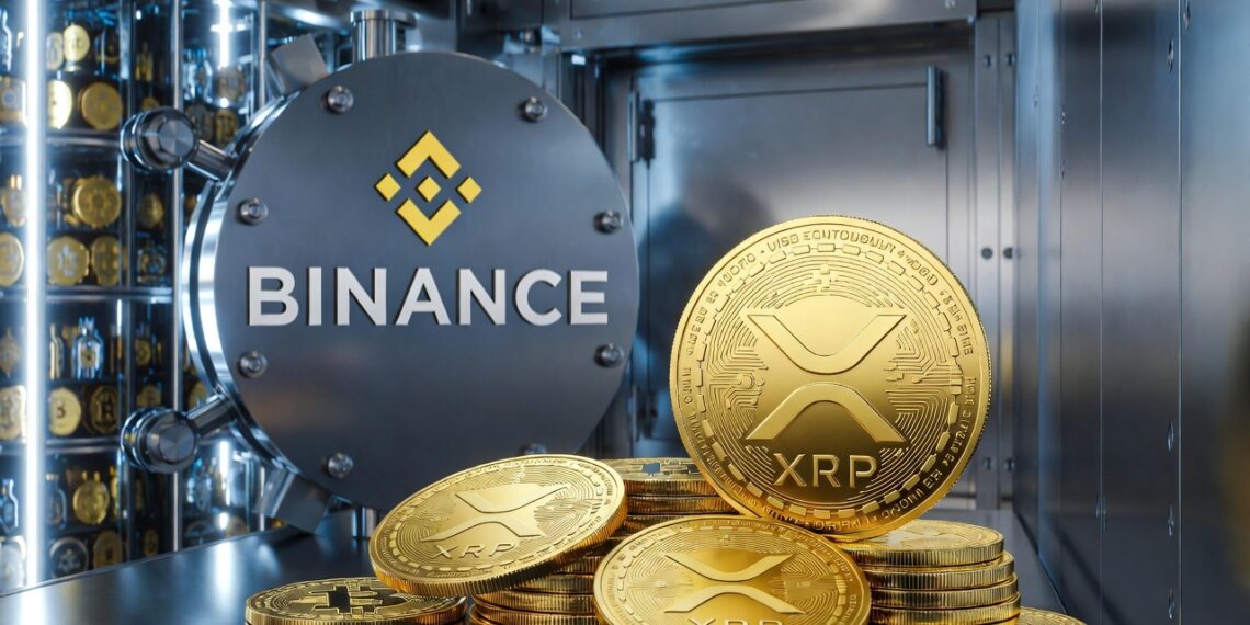 Varias monedas físicas doradas con el logo de XRP apiladas y esparcidas dentro de una bóveda de Binance.