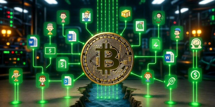 Una moneda de Bitcoin rodeada de archivos e imagenes simulando un spam de archivos incrustados en la red.