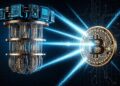 Una computadora cuántica emitiendo rayos contra una moneda de Bitcoin.