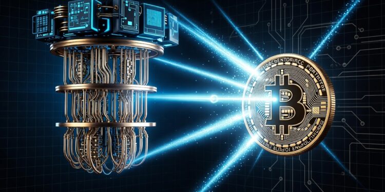 Una computadora cuántica emitiendo rayos contra una moneda de Bitcoin.