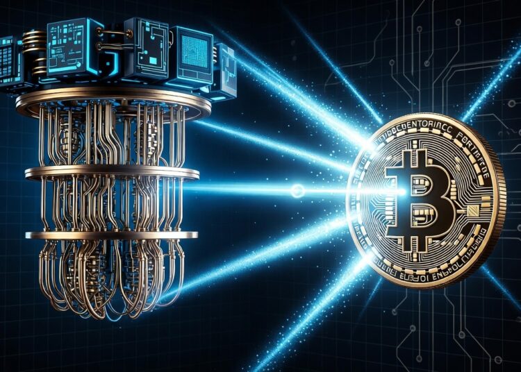 Una computadora cuántica emitiendo rayos contra una moneda de Bitcoin.
