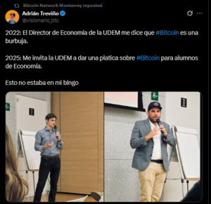 Un mensaje en X donde señala un cambio de postura en la UDEM con bitcoin.