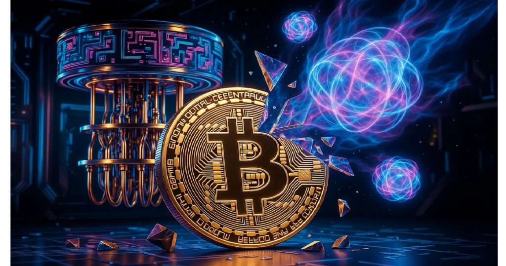 Bitcoin dorado con circuitos fragmentado frente a estructura metálica tipo computadora cuántica y esferas luminosas, evocando tensión entre cripto y avances cuánticos.