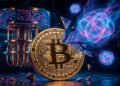 Bitcoin dorado con circuitos fragmentado frente a estructura metálica tipo computadora cuántica y esferas luminosas, evocando tensión entre cripto y avances cuánticos.