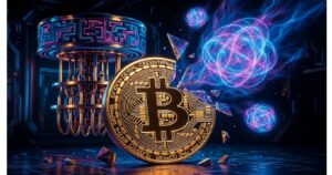 Bitcoin dorado con circuitos fragmentado frente a estructura metálica tipo computadora cuántica y esferas luminosas, evocando tensión entre cripto y avances cuánticos.