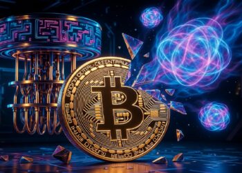 Bitcoin dorado con circuitos fragmentado frente a estructura metálica tipo computadora cuántica y esferas luminosas, evocando tensión entre cripto y avances cuánticos.