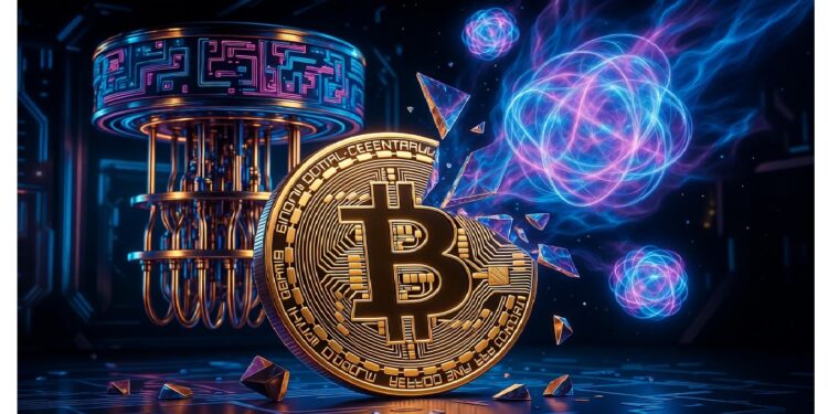 Bitcoin dorado con circuitos fragmentado frente a estructura metálica tipo computadora cuántica y esferas luminosas, evocando tensión entre cripto y avances cuánticos.