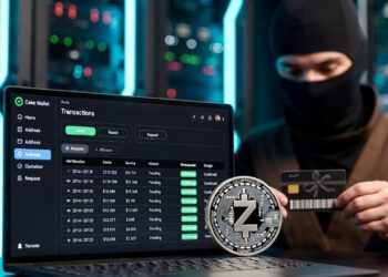 Un ninja operando con una computadora con datos financieros, junto a una gift card y una moneda dorada.