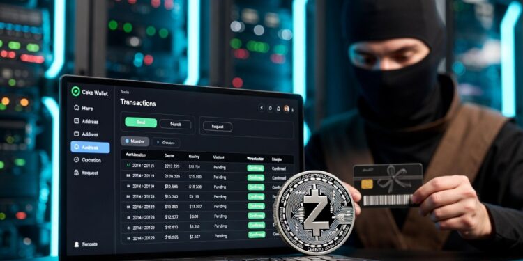 Un ninja operando con una computadora con datos financieros, junto a una gift card y una moneda dorada.