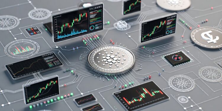 Una moneda plateada junto con pantallas y graficos con datos financieros.