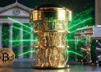 Una computadora cuántica emitiendo rayos láser verdes hacia una moneda de Bitcoin, un equipo ASIC de minería y un edificio de un banco.