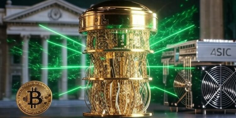 Una computadora cuántica emitiendo rayos láser verdes hacia una moneda de Bitcoin, un equipo ASIC de minería y un edificio de un banco.