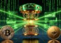 Una computadora cuántica emitiendo rayos contra una moneda de bitcoin y otra de ethereum.