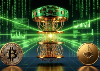 Una computadora cuántica emitiendo rayos contra una moneda de bitcoin y otra de ethereum.