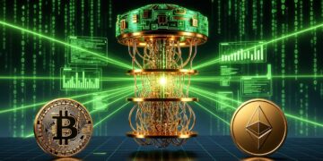 Una computadora cuántica emitiendo rayos contra una moneda de bitcoin y otra de ethereum.
