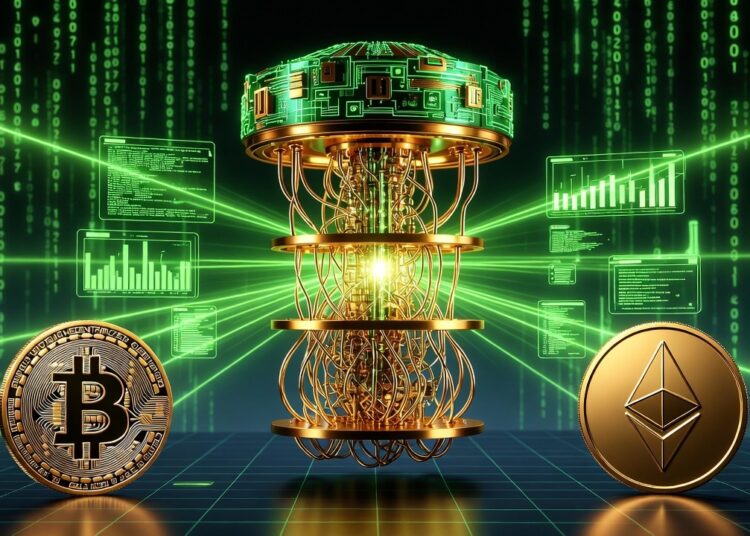 Una computadora cuántica emitiendo rayos contra una moneda de bitcoin y otra de ethereum.