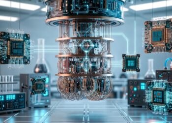 Una computadora cuántica dentro de un laboratorio junto con equipamiento científico.