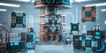 Una computadora cuántica dentro de un laboratorio junto con equipamiento científico.