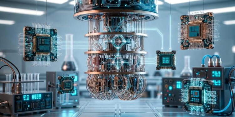 Una computadora cuántica dentro de un laboratorio junto con equipamiento científico.