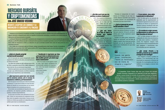 Página de la revista BTC Techno Magazine con un artículo sobre “Mercado bursátil y criptomonedas”.