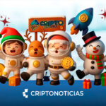 Perosonajes de Navidad en 3D, festejando con regalos y monedas de Bitcoin alrededor. Detrรกs un cartel con el logo de Cripto Latin Fest, debajo el logo de CriptoNoticias
