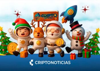 Perosonajes de Navidad en 3D, festejando con regalos y monedas de Bitcoin alrededor. Detrás un cartel con el logo de Cripto Latin Fest, debajo el logo de CriptoNoticias